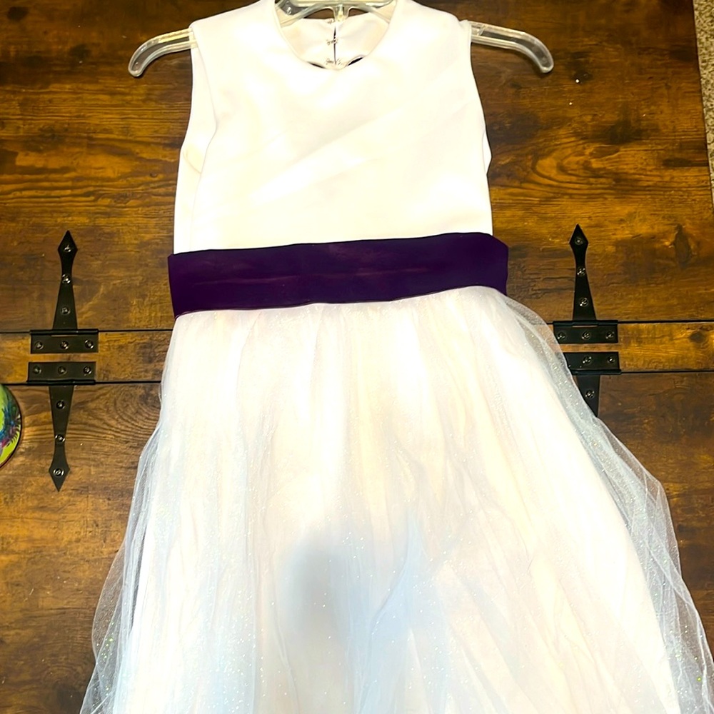 White and purple flower girl dress